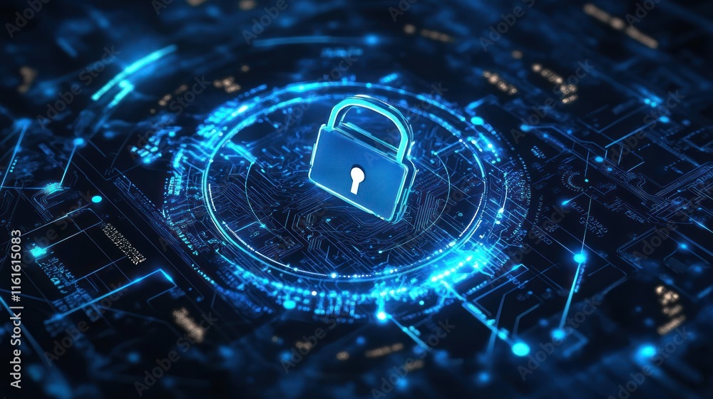 Aufkleber cybersecurity-themed blue background with intricate patterns.