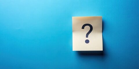 A piece of note paper with a question mark on it, placed on a panoramic blue background with subtle gradient and soft focus effect , note paper question mark panoramic blue background, blank slate