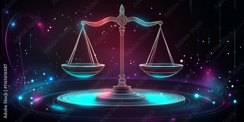 Poster Balancing scales symbolizing justice and equality in digital space