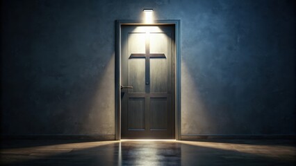 door with cross shaped frame in dark room