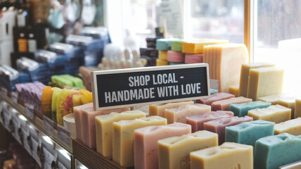 A vibrant display of colorful handmade soaps in a local shop, promoting small businesses with a sign that reads 'Shop Local - Handmade with Love.'