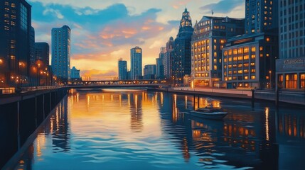 Obraz premium A tranquil cityscape with glowing reflections on the river at twilight, perfect for art lovers