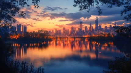 Naklejka premium A tranquil cityscape with glowing reflections on the river at twilight, perfect for art lovers