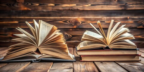 Fototapeta premium Close up shot of open books spread out on a wooden table, education, reading, studying, literature, learning, pages