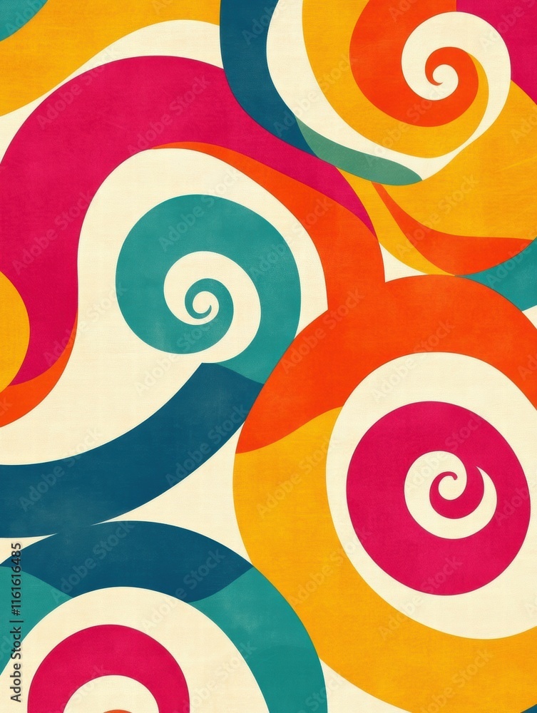 Aufkleber Colorful retro pattern featuring spirals and curved lines in a vibrant 70s color palette. Generative AI
