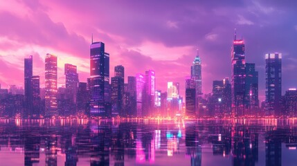 Fototapeta premium A vibrant skyline at dusk with glowing lights and colorful reflections, set against a soft twilight sky