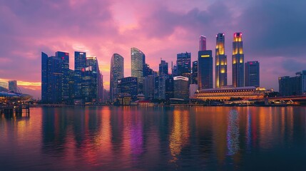 Naklejka premium A dazzling skyline at dusk with warm lights shimmering in the water, creating a tranquil urban atmosphere