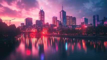 A dazzling urban skyline with glowing lights and colorful reflections, creating an ethereal dusk scene