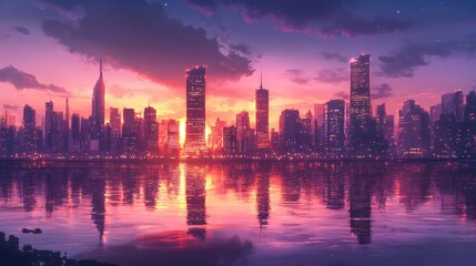 Obraz premium A dazzling skyline at dusk with warm lights shimmering in the water, creating a tranquil urban atmosphere