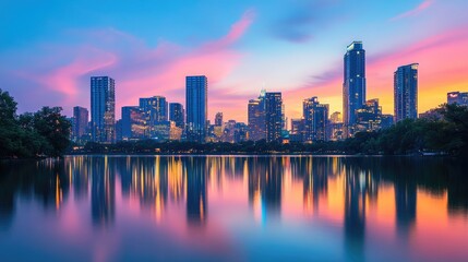 A dazzling urban skyline with glowing lights and colorful reflections, creating an ethereal dusk scene