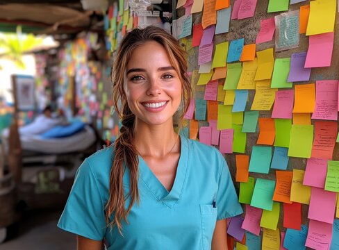 A woman in a blue scrubs shirt is smiling and posing for a picture