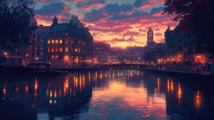 Obraz premium A serene city view at dusk with glowing windows and soft, colorful reflections on the river