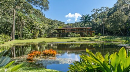 Obraz premium Modern architecture surrounded by lush greenery and tranquil pond