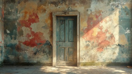 Weathered Blue Door Against a Grungy Textured Wall in an Abandoned Space Highlighting Vintage Aesthetic and Rustic Charm for Interior Design Inspiration