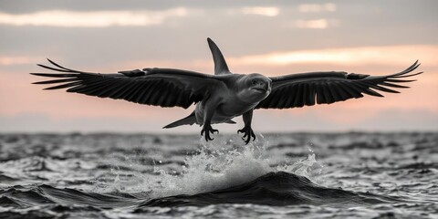 Fototapeta premium Pelican soaring above ocean waves at dusk showcasing elegance and grace during sunset hours