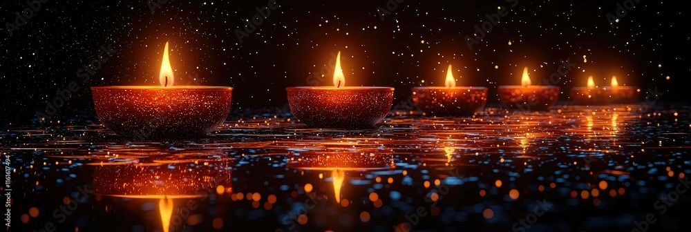 Aufkleber a serene display of illuminated candles reflecting on a dark surface, creating a tranquil ambiance.