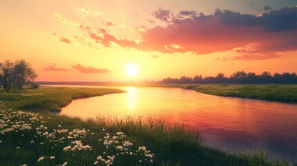 Obraz premium Serene Sunset Over Tranquil River with Vibrant Sky and Flowers