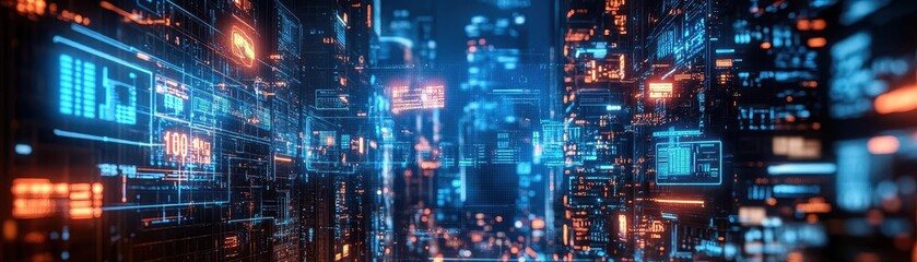 Fototapeta premium City street with old buildings and holographic restoration plans projected in mid-air, glowing neon signs, sharp clean focus on futuristic urban development