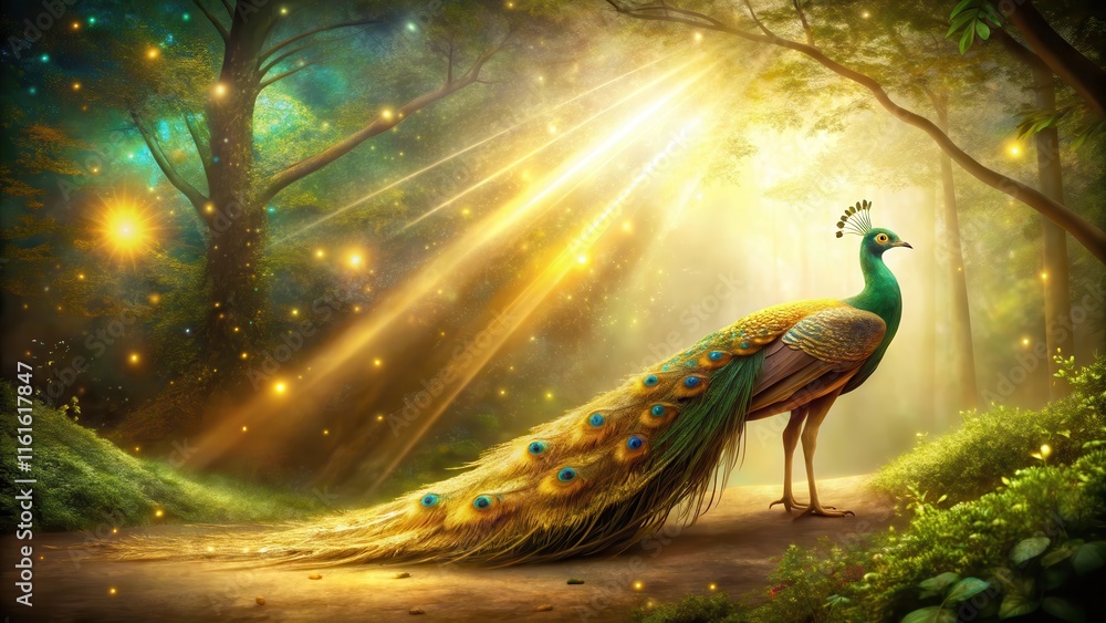 Wall mural Beautiful gold peacock gracefully standing in celestial enchanted forest , elegance, peafowl, bird, majestic, feathers