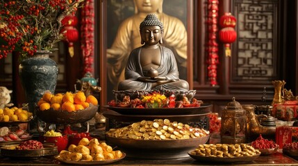 Fototapeta premium Serene Buddha Statue Surrounded by Abundant Offerings and Decorations