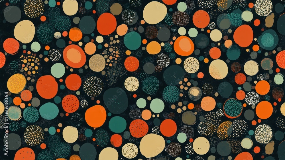 Poster abstract seamless pattern with colorful circles and dots on dark background.