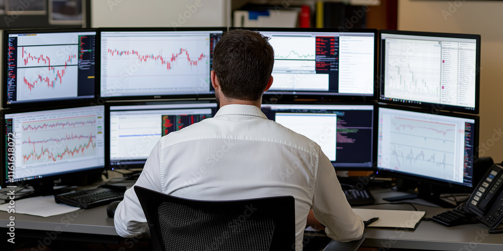 Poster Stockbroker analyzing graphs on multiple computer screens in office