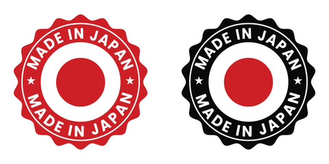 Circular Made in Japan badge with minimalist Japanese flag designs. Perfect for branding, product labeling, and packaging authentic Japanese-made goods with quality assurance.