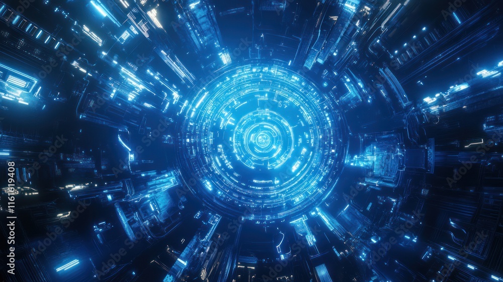 Poster glowing blue network with advanced tech themes.