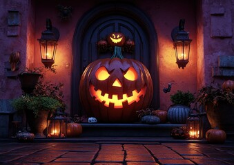 Obraz premium A pumpkin with a smiley face on it is lit up in the dark