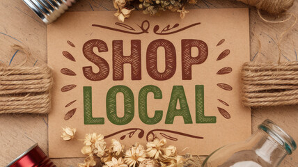 A rustic 'Shop Local' sign featuring earthy tones, surrounded by twine, dried flowers, and small containers, promoting community support and local businesses.