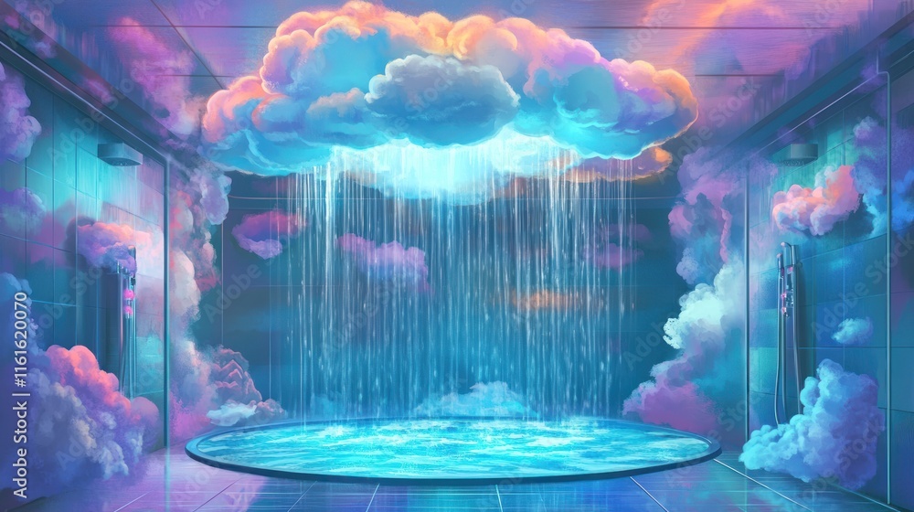 Wall mural surreal indoor pool with cloud raining light.