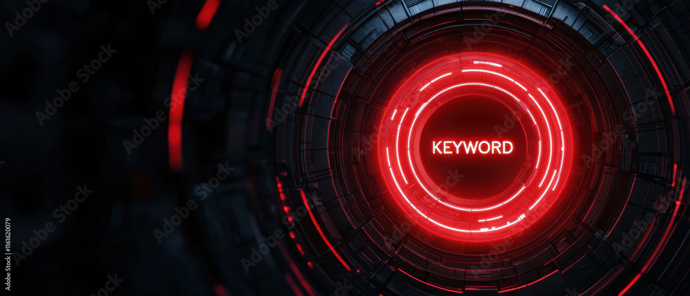 Poster a futuristic, glowing red circular design featuring the word 