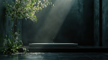 Serene minimalist bathroom with sunlight and plant.