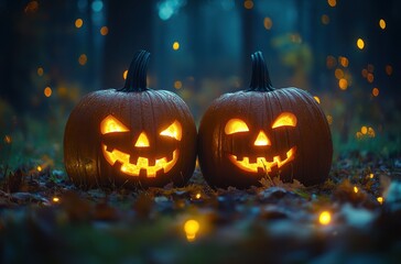 Fototapeta premium Two pumpkins with glowing eyes and mouths are sitting on the ground