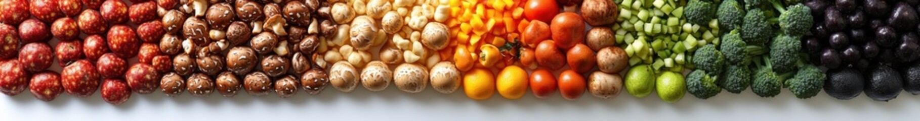 A colorful display of fruits and vegetables arranged in a row