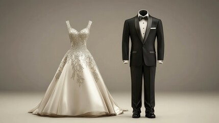 Elegant wedding gown and classic tuxedo on a neutral background