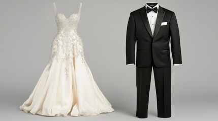 Elegant Wedding Attire with Bridal Gown and Classic Tuxedo Setup