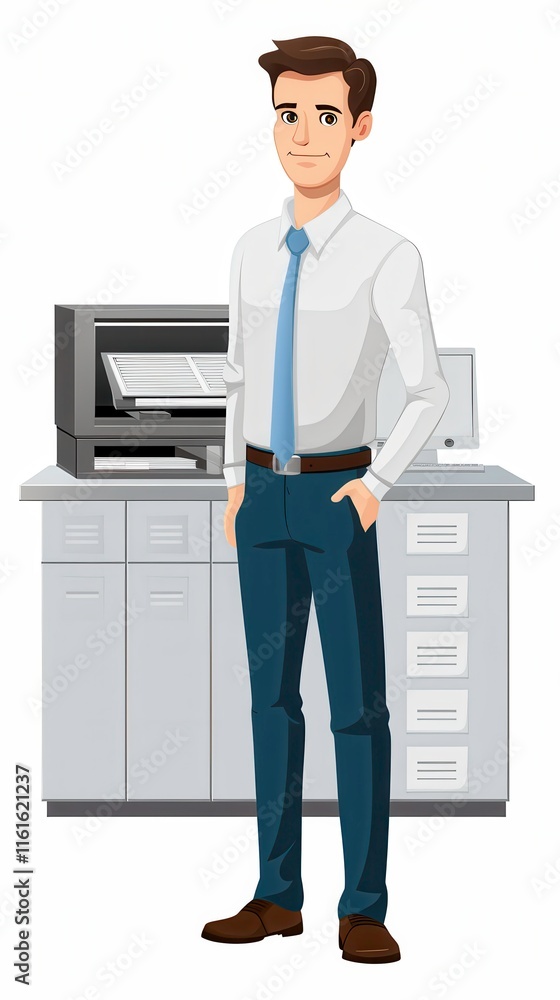 Poster man testing a prototype in an office atmosphere with an animated illustration style and white backgr