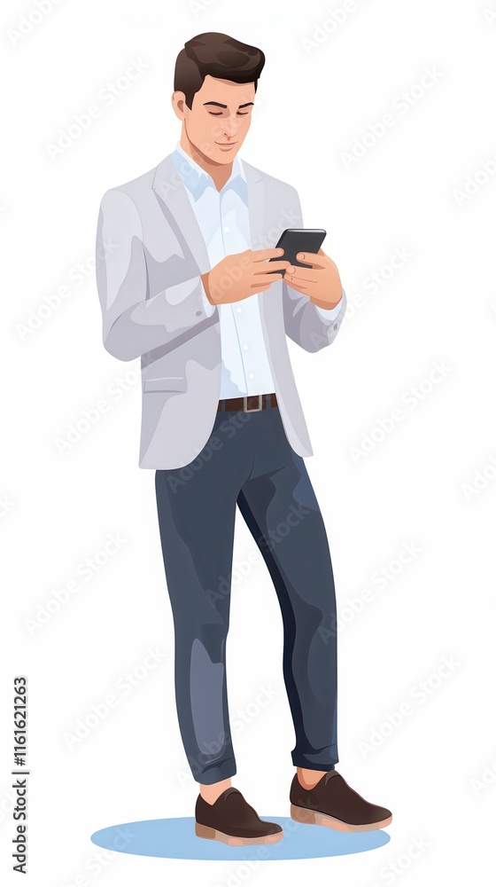 Poster man in animated illustration using smartphone in an office environment with a white background. gene