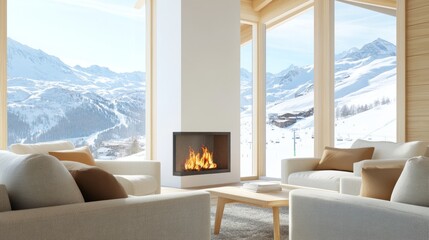 Fototapeta premium Winter interior scene, cozy chalet interior, ski resort chalet rent, spacious chalet, panoramic view, luxury realty