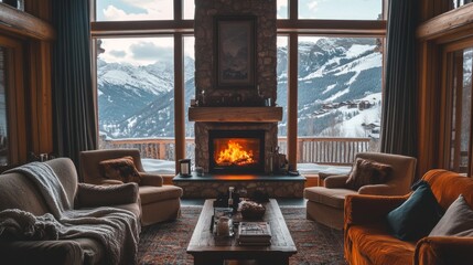 Winter interior scene, cozy chalet interior, winter interior closeup, low key interior, rustic style, ski resort chalet rent, luxury realty