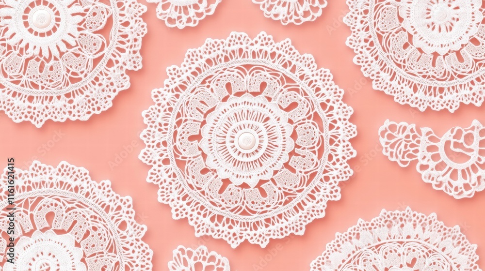 Aufkleber lace inspired seamless pattern showcasing intricate designs on a soft coral background with delicate