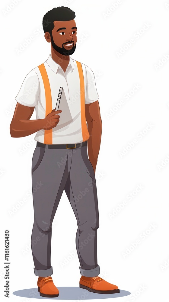 Poster man writing in notebook in an animated office atmosphere with a white background. generative ai