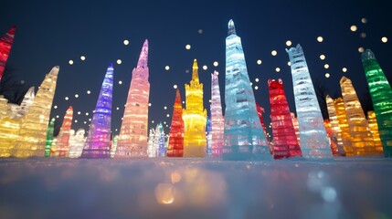 Ice town, bright colors, winter scene, world ice art championships