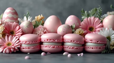 Obraz premium A table with a bunch of pink macarons and flowers