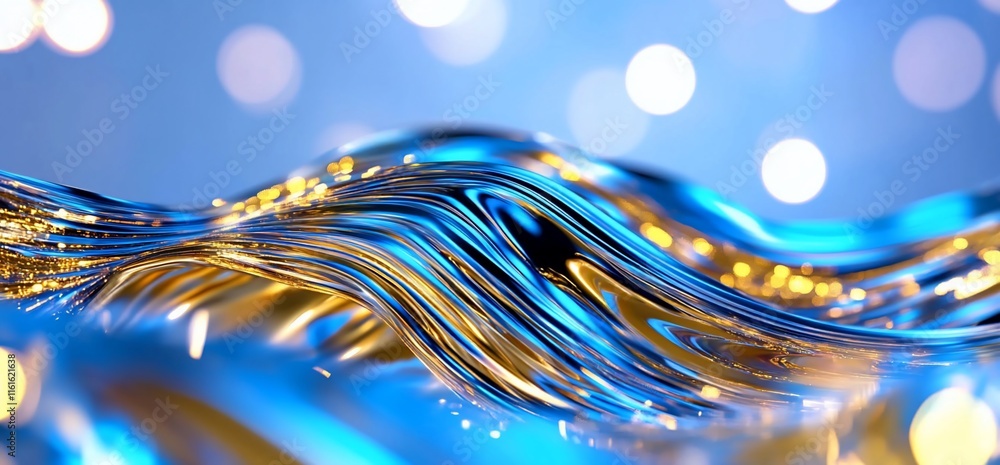Poster abstract waves of blue and gold light create a mesmerizing visual effect.