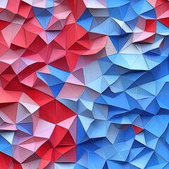 An abstract art piece featuring a vibrant mix of red and blue geometric shapes, creating a dynamic and textured visual experience.