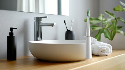 Modern Bathroom Setup with Electric Toothbrush and Health Products