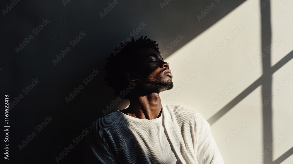 Poster minimalist thinking portrait of an individual, featuring soft shadows and a relaxed pose