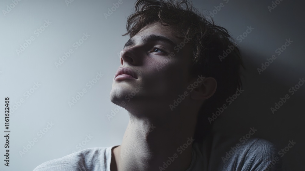 Poster minimalist thinking portrait of an individual, featuring soft shadows and a relaxed pose
